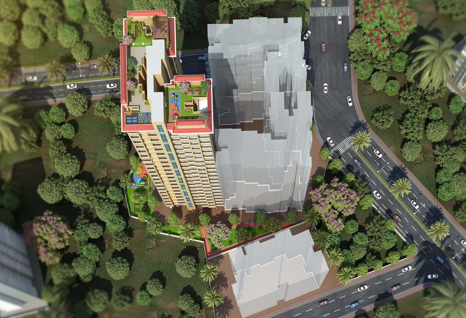 Aerial view of Mahavir Enclave with rooftop amenities, Vasai East